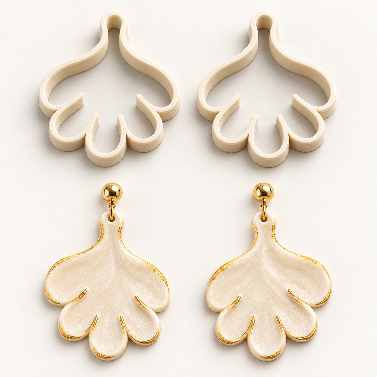 Feuille éventail : emporte-pièces ivoire gauche et droite, avec exemple de boucles d’oreilles finies nacrées et dorées