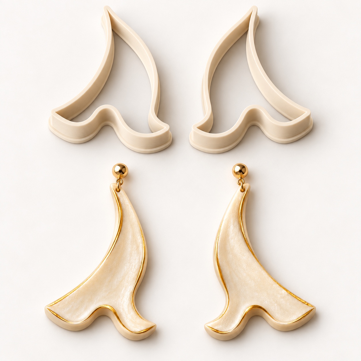 Voile sculptée : emporte-pièces ivoire gauche et droite, avec exemple de boucles d’oreilles finies nacrées et dorées